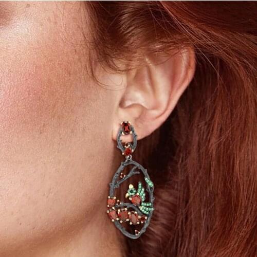 GEMS BALLET Natural Red Garnet Gemstone Earrings 925 Sterling Silver Handmade Branches Bird Womens Statement Drop Earrings