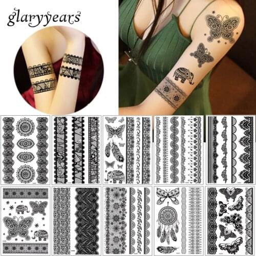 Glaryyears 5 Pieces/set BHLC Black Body Tattoo Fake Flower Lace Bracelet Stocking Temporary Waterproof Tattoo Sticker Henna 2019