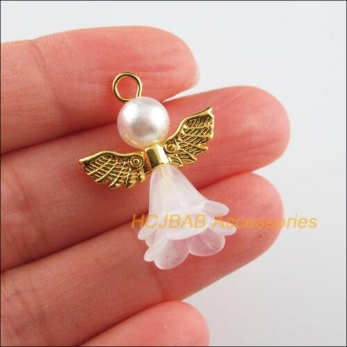 12 New Dancing Angel Charms White Acrylic Gold Color Wings Pendants 21.5x29mm