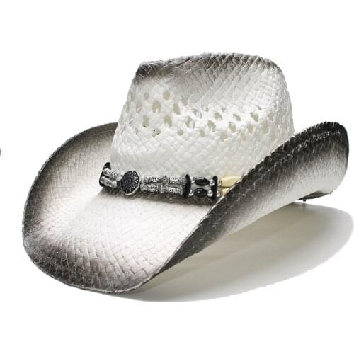 LUCKYLIANJI Retro Womens Mens Summer Straw Beach Wide Brim Cowboy Western Cowgirl Hat Hollow Out Wood / Alloy Bead Band (58cm)