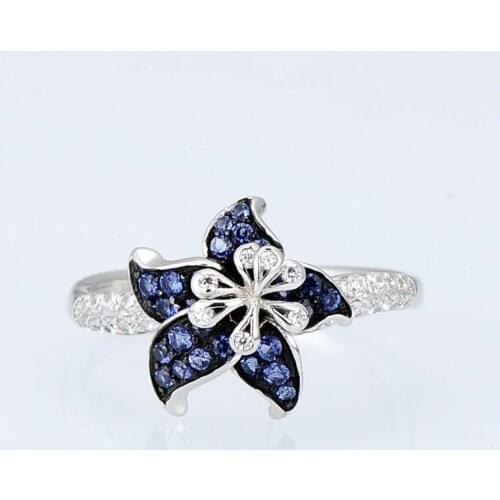 Trendy Bride Flower Zircon Engagement Ring Luxury Female Blue Crystal Stone Ring Charm Silver Color Thin Wedding Rings For Women