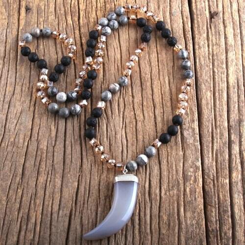 RH Fashion Bohemian Jewelry Stone Glass Long Knotted With Gray Agt Pendant Necklace Women Boho Gift