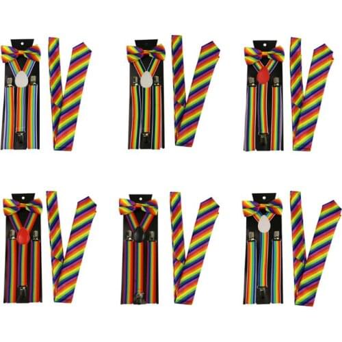 Men Women Rainbow Striped Costume Set Adjustable Y-Back Elastic Suspenders Bow Tie Necktie Classic Cosplay Party Accessory