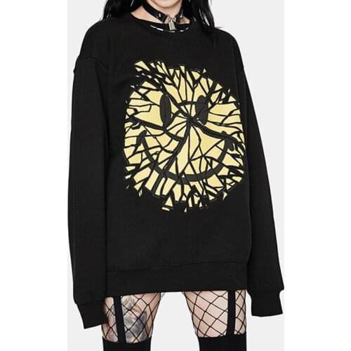 Heinene Goth Harajuku Smile Graphic Print Hoodie Vintage Oversized O Neck Autumn Hoodie Punk Grunge Loose Top Streetwear Hooded
