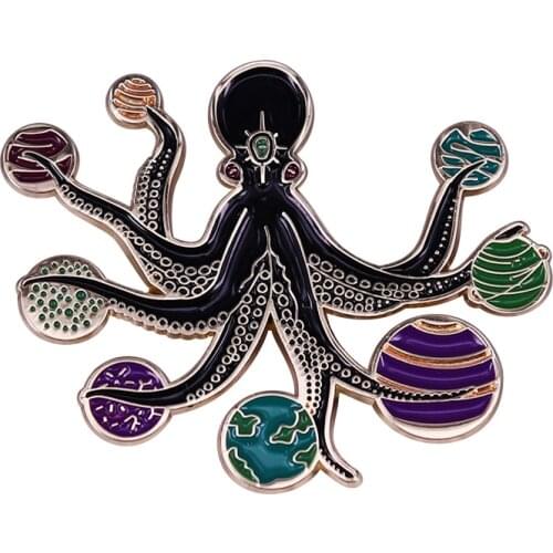 "Octopus of the Cosmos" Holds the Planets in Each Tentacle Enamel Pin Badge Keeping watch across the universe