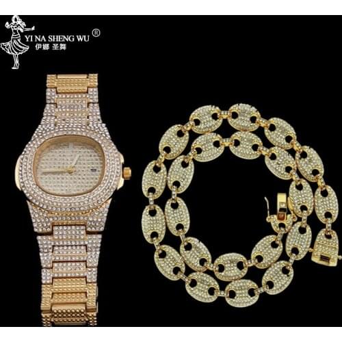 Hip Hop Iced Out CZ Gold Color Coffee Bean Pig Nose Necklace & Watch Set Alloy Rhinestone Necklace Charm Link Chain Men Jewelry