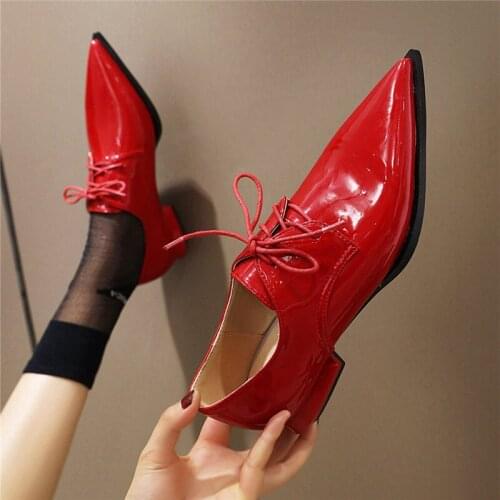 Sexy Pointed Toe Womens Pumps Fashion Patent Leather Lace-up Single Shoes Casual Spring Shoes Comfortable Low New Pumps 33-45