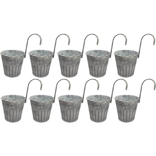 Hanging Flower Pots, Balcony Planters Railing Hanging, Small Galvanized Metal Fence Planters for Outdoor Plants 10 Pack