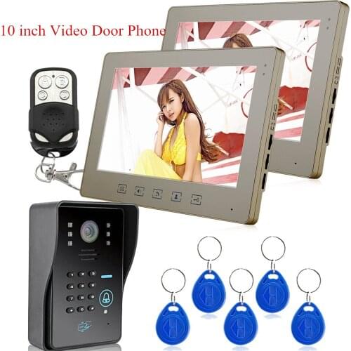 Wired 10 inch Color Video Door Phone Doorbell Intercom System 1 RFID Access Camera + 2 Monitors