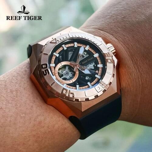 Reef Tiger/RT Rubber Starp Men Dive Sports Watches Rose Gold Skeleton Men Automatic Mechanical Watches Luxury Waterproof Clock