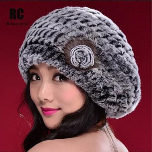 [Rancyword] Russia Genuine Rex Rabbit Fur Beanies Hats Womens Winter Hat Warm Casual Female Knitted Natural Fur Hat Caps RC1300