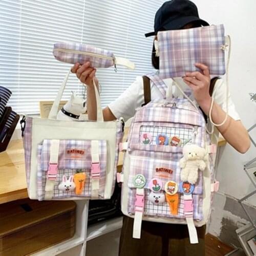 4pcs Vintage Casual Women Plaid Backpacks 2021 New Fashion Little bear Pattern Travel Bag for Teenager Girls Backpack School Bag