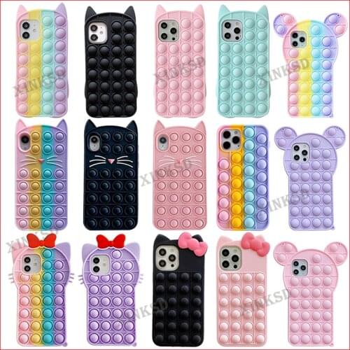 Cute Rainbow Cat Bear Fidget Toys Phone Case for Iphone 11 12 Pro Max X XR XS SE2020 6 6s 7 8 Plus Silicone Reliver Stress Cover