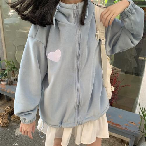 Blue zipper hoodie women streetwear Korean casual sweet E-girl cute heart embroidered cardigan y2k Harajuku kawaii outerwear