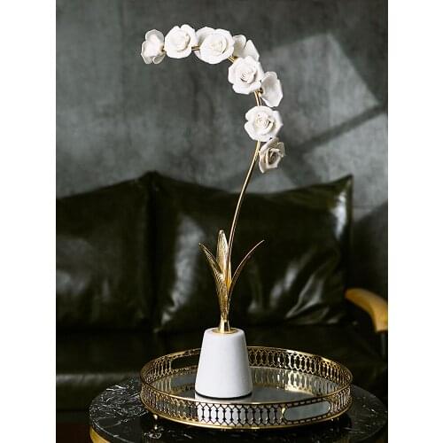 Modern White Ceramic Roses Ornaments Hand Carved Crafts Creative Nordic Home Decoration Marble For Hotel Office Showroom