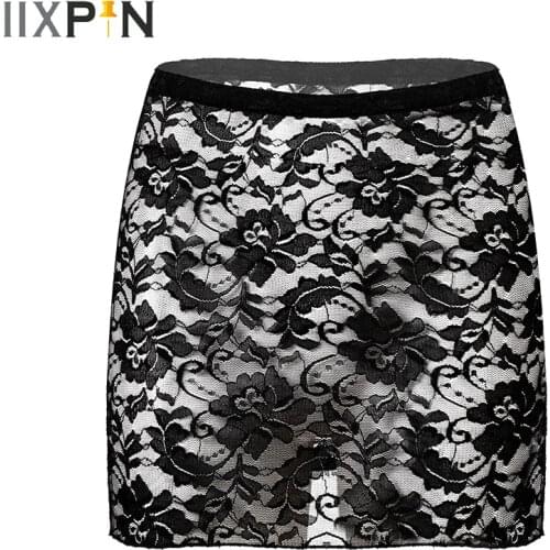 Womens Wetlook Hot Skirts Flower Pattern See-through Lace Skirt Mid Waist Elastic Waistband Sheer Miniskirt Pole Dacing Clubwear