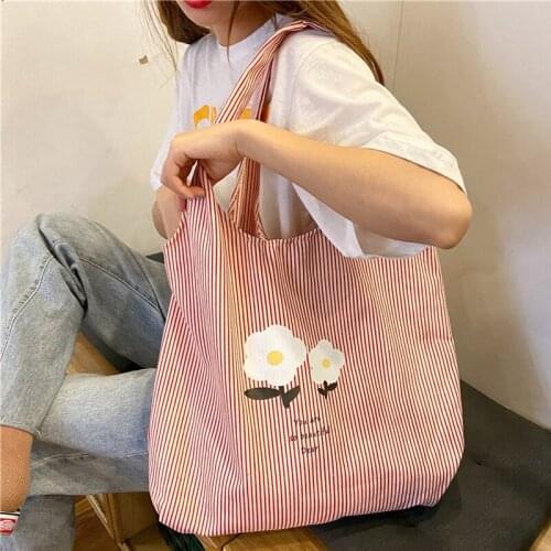 Women Canvas Shoulder Bag Vertical Stripes Design Ladies' Large Capacity Cloth Handbag Big Tote Eco Friendly Cute Shopping Bag