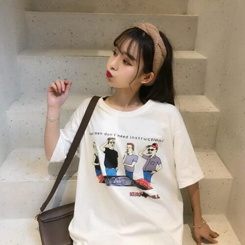 2021 summer new wild loose cartoon character printed short-sleeved t-shirt wild thin white top women