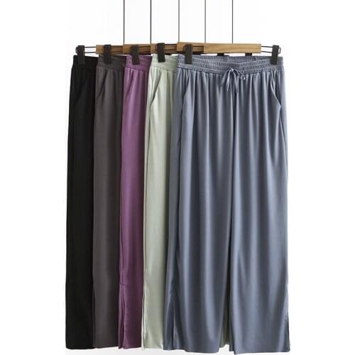 Plus Size XL-4XL Women Ice Silk Casual Long Pants Female Wide Leg Straight Vintage Solid Long Trousers Pants
