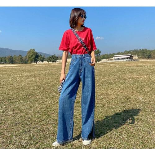 Female Cool Wide Leg Full Length Blue Trousers Summer Hole Ripped Jeans for Women High Waist Denim Jeans Harem Pants
