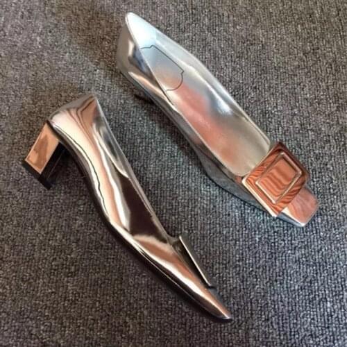 2020 autumn new square head square buckle thick heel high heels Joker silver patent leather womens shoes women shoes