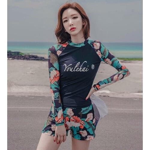 Women Print Quick-drying Surfing Two Piece Swimwear Sport Set Long Sleeve Slim Shirt with Shorts Pants Swimsuit biquini