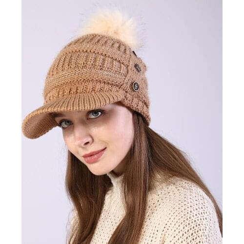 2020 winter Women Bonnet Soft Thick Fleece Lined Dual Layer Knitted Beanie With Faux Fur Pom Pom Hats Fashion Wild Outdoor Sport