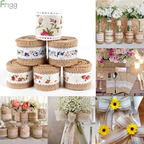 2Meter/Lot 5cm Natural Jute Burlap Rose Hessian Lace Ribbon with White Lace Trim Edge Rustic Vintage Wedding Centerpieces Decor