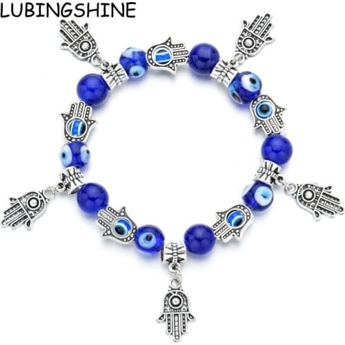 2pcs Couples Blue Turkish Evil Eye Elastic Bracelet Charms Crystal Fatima Hand Beaded Bracelets for Women Men Yoga Jewelry Gift