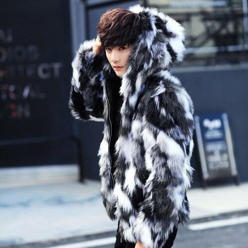 2019 Winter Male Fur Overcoat Mens Fur Coats with Hood FurParka Oversized Men Fur Overcoat Warm Faux Fur Jacket Men