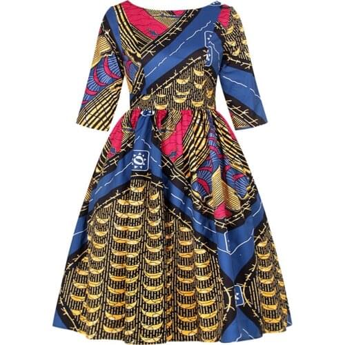 2021 African Dashiki Print Ankara Dress Women Party African Round Neck Dresses For Women Vintage Elegant Half Sleeve Dress