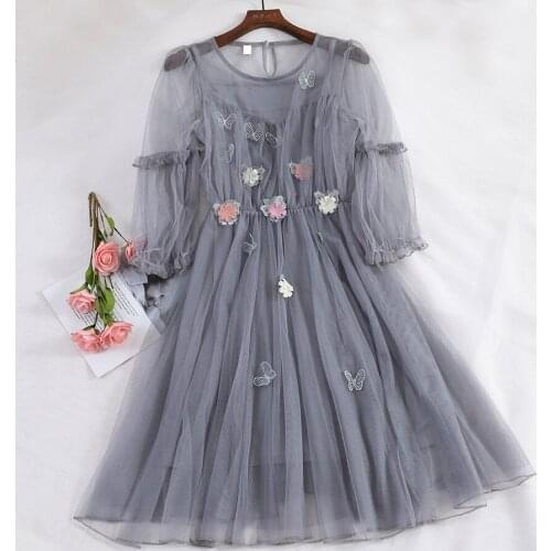 2021 Summer Women O-Neck Puff Sleeve Embroidery Butterfly Layer Flower Mesh Gauze Dress Lady Elastic Slim Waist Chic Midi Dress