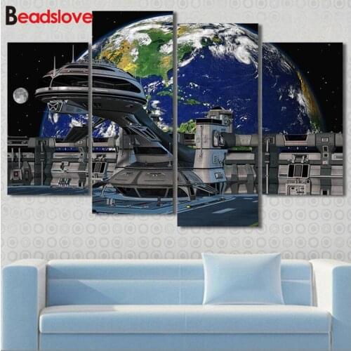 4 pece Diamond Embroidery Earth & Moon View Futuristic Station Full Square Diamond Painting Cross Stitch,Full Round Drill Mosaic