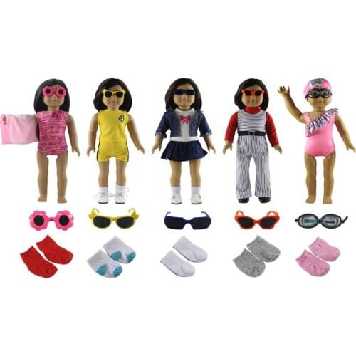 5 Set Doll Clothes+5 pairs Glasses+5 pairs Socks for 18"American Doll