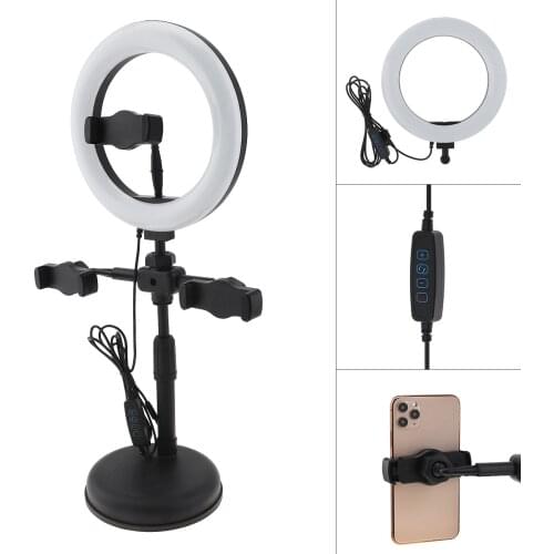 8 Inch 20cm LED Selfie Ring Light with Desktop Stand 3pcs Mobile Phone Clips Holders 3200-6500K Fill Light for Live Photo Video
