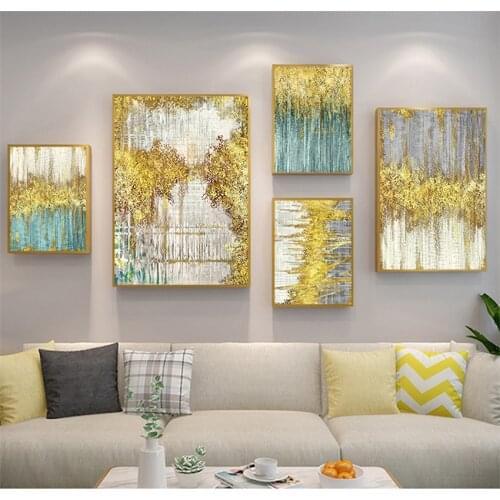 Room Big Wall Art Decor Grey Green Poster and Print Abstract Blue Golden Dots Canvas Painting Abstract Wall Picture for Living