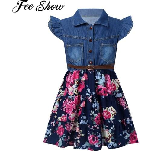 New Teen Kids Girls Dresses Fashion Lapel Collar Flying Sleeve Denim Bodice Floral Print A-line Dress Summer Children Clothing