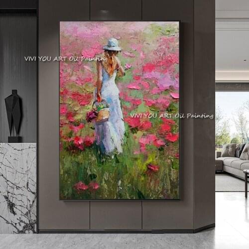 Romantic Woman Pictures Portrait 100% Handmade Oil Painting On Canvas Pink Flower Wall Art For Living Room Home Decoration