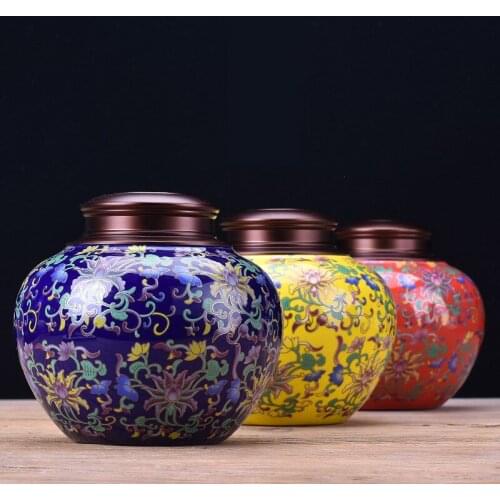 Double Seal Ceramic Tea Box Canister Tea Container Vintage Printed Suger Coffee Powder Tea Tin Can Storage Tea Caddy Kitchen Jar