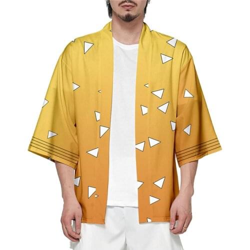 Demon Slayer Kimetsu no Yaiba Cosplay Shirt kimono Agatsuma Zenitsu Cosplay Costume Adult T-shirt Cape Robe