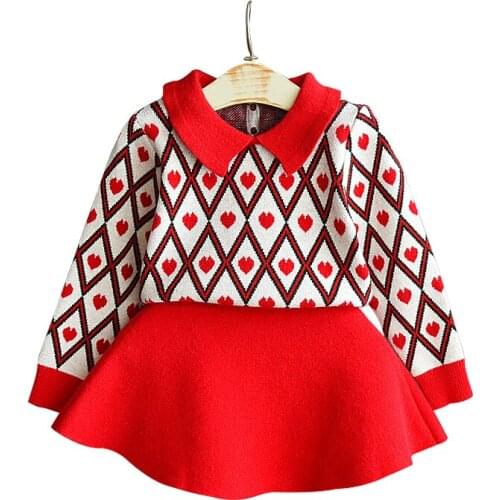 Children Clothing Girls Knitted Suit Autumn Winter Girls Love Pullover Bottoming Shirt + Knitted Short Skirt 2pcs Kids Clothes