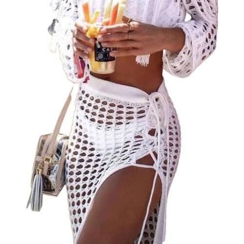 Summer Womens Fishnet Mesh Swimwear Beachwear Shorts Skirt Sheer Bikini Cover Up Fashion Sexy Hollow High Waist Lady Slim Skirt