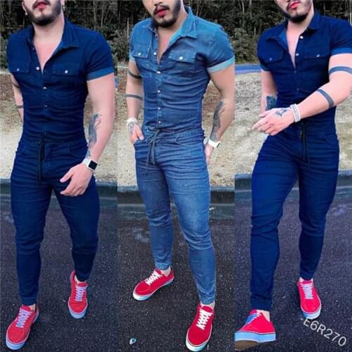 Mens Jeans Short Sleeve Overalls Casual Slim Fit Safari Style Uniform F4
