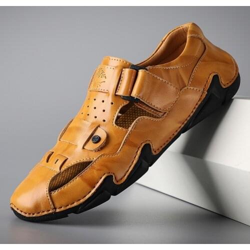 High-quality Handmade Sewing Genuine Leather Mens Sandals Luxury Classic Mens Cow Leather Casual Shoes Driving Shoes For Men