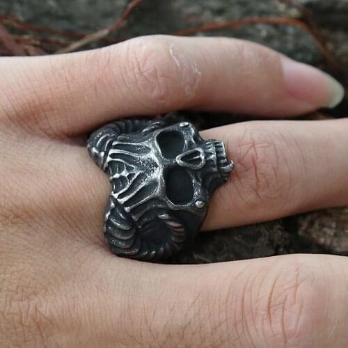 Gothic Horned Goat Devil Skull Ring Mens Stainless Steel Pagan Satan Demon Skull Biker Ring Male Punk Rock Jewelry Wholesale