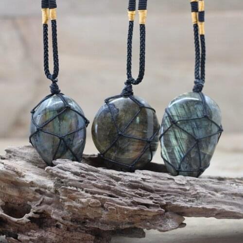Irregular Labradorite Pendants Wrap Braid Necklaces,Chakra Reiki Healing Flash Stone Yoga Macrame Necklace Energy Jewelry,QC3802