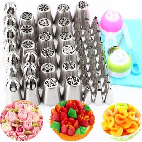 Stainless Steel 60Pcs Russian Tips Pastry Spherical Piping Icing Nozzle And 1Pcs Brush 1Pcs Nail 1Pcs Pastry 3Pcs Coupler Bag
