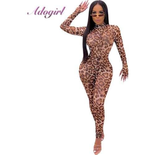 Autumn Leopard Prind Long Sleeve Turtleneck Skinny Jumpsuit Women Sexy Zipper Night Party Club Romper Outfit Streetwear Overalls