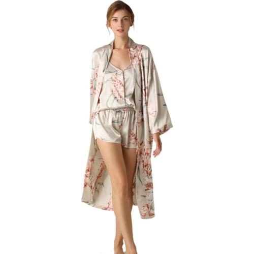 Shorts Pajamas Set with Robes Three Pieces Set Clothes for Female Satin Pajamas Cardigan Sleep Tops Printed Mid-length Sleepwear