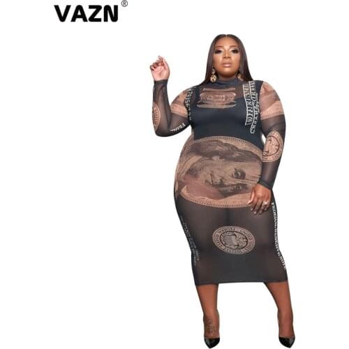 VAZN 2021 New Arrival Retro Joker Plus Size Sexy Mature Soft Elastic Turtleneck Full Sleeve High Waist Women Thin Midi Dress